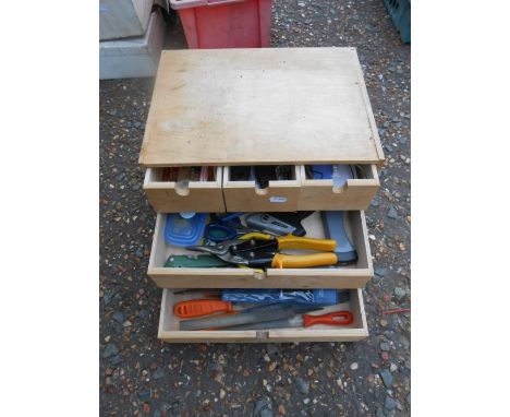 Wooden tool chest with tools