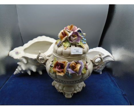 Capodimonte style tureen and 2 large ceramic conch shell planter pots