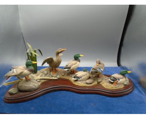 Border Fine Arts group of six mallard ducks on a pebble bank amongst rushes and driftwood, by R Roberts and dated 2002, limit