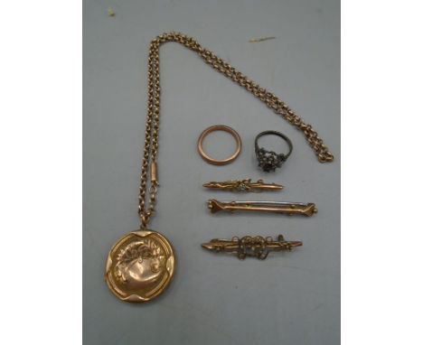 9ct rose gold necklace, brooches and a ring 17.6 gms plus a silver ring