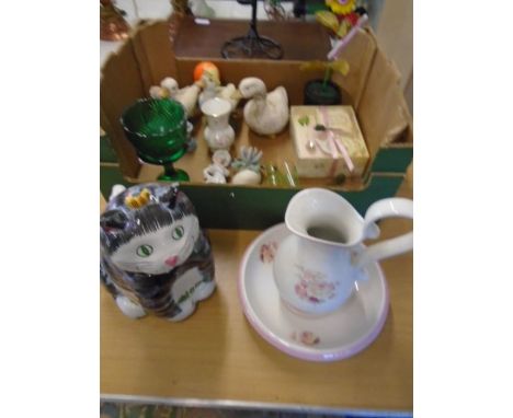 box of china items and other sundries plus a candle hanging item