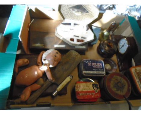 box of collectors items to include writing caddy, clocks, penknife, oil cans, bisque doll