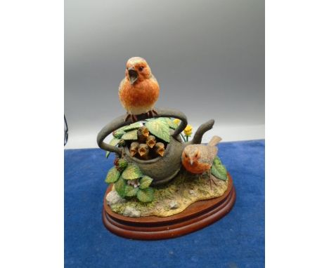 Border Fine Arts 'Second Brewed' model no B0880 - pair of robins with chicks in a teapot, signed Ray Ayres Oct 2004 Louise Co