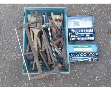 Mixed tools including saws, plane, socket sets etc