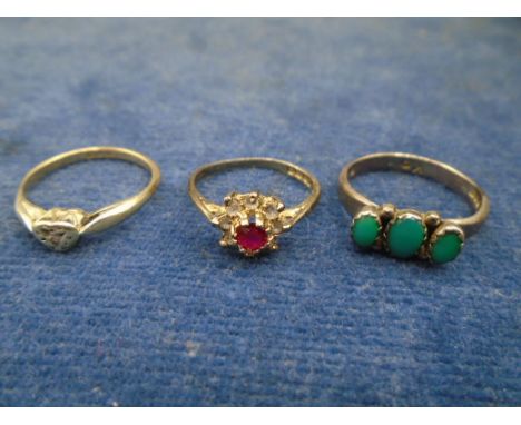 1 9ct gold ring with heart and 2 silver rings