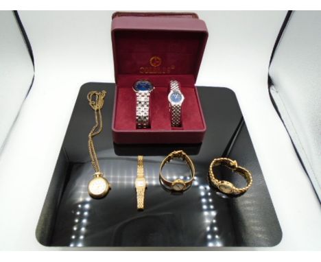 A boxed His and Hers Goldlis watch set, a Ladies Sekonda watch, two Ladies Rotary watches and a Ladies Pierre Nicol pendant w