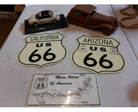 Corgi mg roadstar model, old wind up car and 3 route 66 plaques