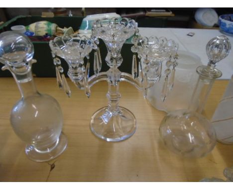 glass candelabra, glass swan ornament, box of mixed glass items