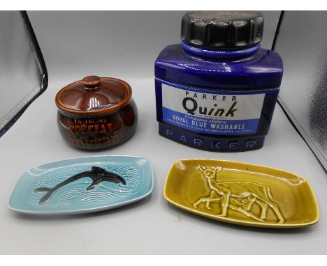 Parker quink ceramic storage jar, thorntons jar and 2 Poole pottery dishes
