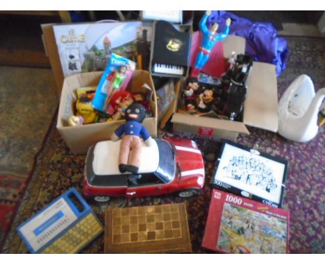 Retro toys, Golly, puzzles, mini  car (poss remote control but no attachments) lego type playset etc etc 
These items are lis