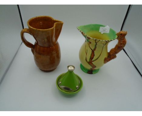 A Burleigh ware Squirrel handled jug 20cm tall,  a brown glazed stone ware jug 20cm and a Moroccan decorative small tagine in