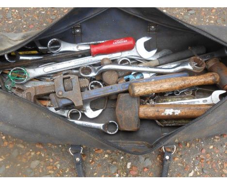 Tool bag with tools including stilsons wrench, mallets, spanners etc