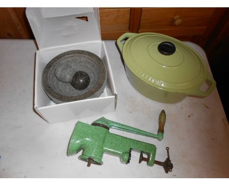 Vintage enamel mincer, cast casserole dish and granite pestel and mortar