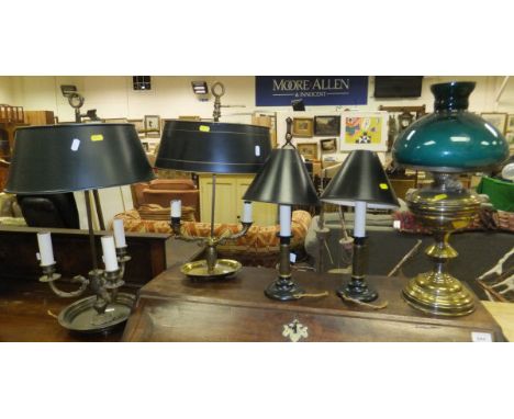 A three branch adjustable table lamp with black metal shade, two branch adjustable table lamp with black metal shade, a pair 