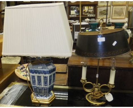 A modern Chinese blue and white vase table lamp with cream shade, together with a Victorian style twin light brass adjustable