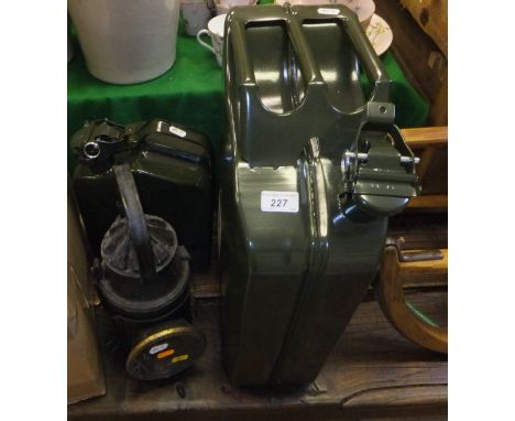 Two modern jerry cans and a vintage style railway lamp *