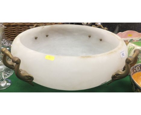A large alabaster ceiling light shade with four brass handle decoration