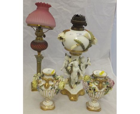 A 19th Century F D Bradley of Longton Staffordshire English porcelain oil lamp decorated with cherubs supporting a globe rese