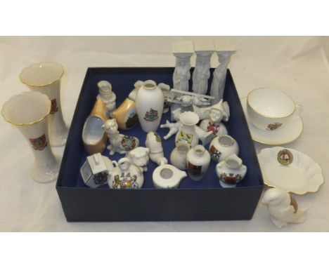 A box containing a collection of W H Goss and other crested wares to include Norwich vases, Sudbury Suffolk cup and saucer, B