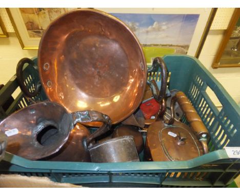 A crate containing a large copper pan, copper haystack measure, copper kettle, tin toy till, etc., and a vintage Schweppes cr