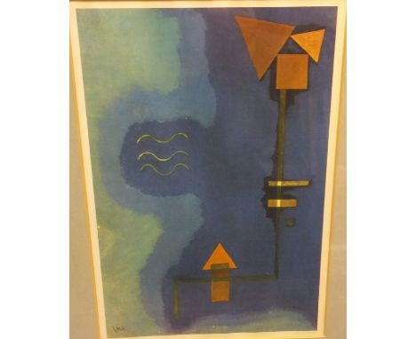 AFTER WASSILY KANDINSKY "Composition with figures and buildings in gold and blue", colour print after the original lithograph