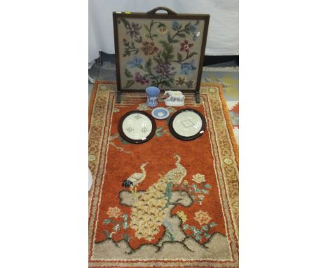 Two pieces of Wedgwood blue Jasperware, two oval lace panels, each framed, and a small Continental porcelain Parian figure de
