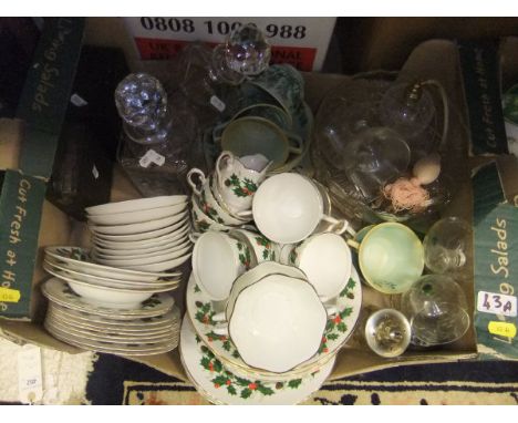 Three boxes of assorted chinawares to include Royal Grafton "Noel" dinner and tea wares, two cut glass decanters, other assor