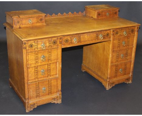 A late Victorian aesthetic oak dressing table with superstructure (missing), two drawers over a plain top with moulded edge o