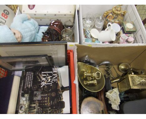 Three boxes of assorted sundry china, glass, metal wares, etc, to include a set of Ibrasco scales with weights and two porcel