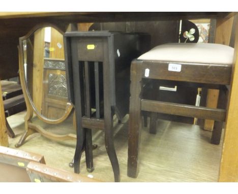 A 19th Century Sutherland table, a shield shaped toilet mirror, and a rectangular upholstered stool (3)