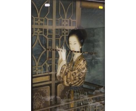 Three Chinese reverse oil paintings on glass, one of Chinese lady playing flute in pagoda, another of lady reading book and t