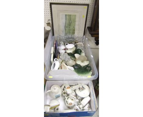 A box of crested wares to include Shelley china 113 model of Bleriot war plane, inscribed Sittingbourne Grenade of Colchester