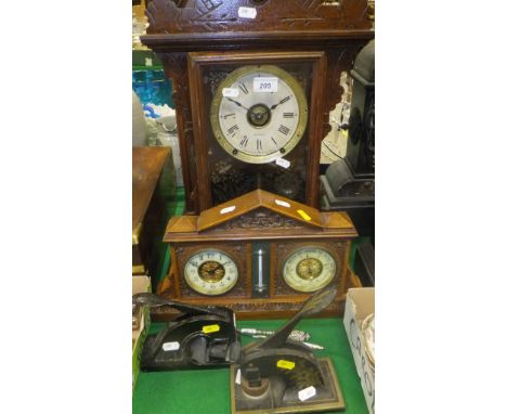 A late 19th Century French oak cased mantel clock with barometer and thermometer, together with a walnut cased mantel clock b