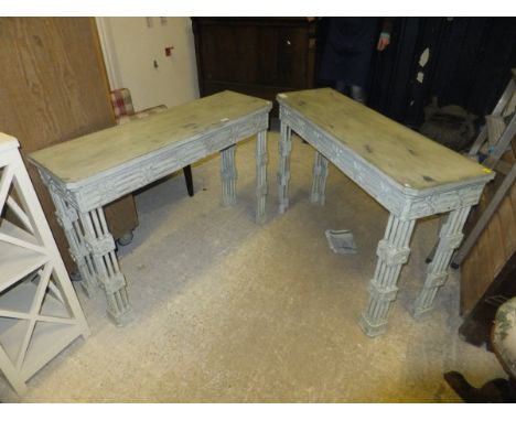 A pair of painted side tables on cluster column supports in the Chippendale taste CONDITION REPORTS Has a distressed/aged typ