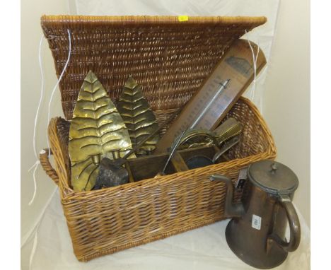 A dome topped picnic basket containing two further iron handled copper measures, fire tools, a pair of brass wall sconces, pa