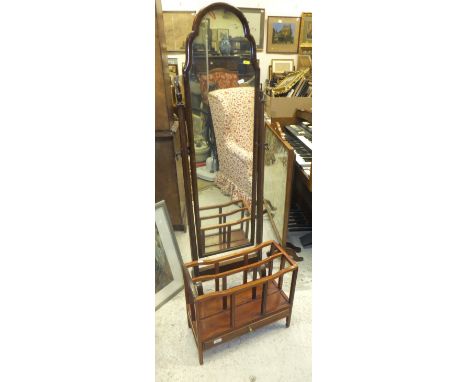 A modern mahogany framed cheval mirror, a modern mahogany Canterbury, and a two tier pine wall shelf