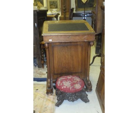 A Victorian mahogany Davenport desk, a Victorian mahogany dining chair, an Anglo-Oriental carved hardwood circular foot stool
