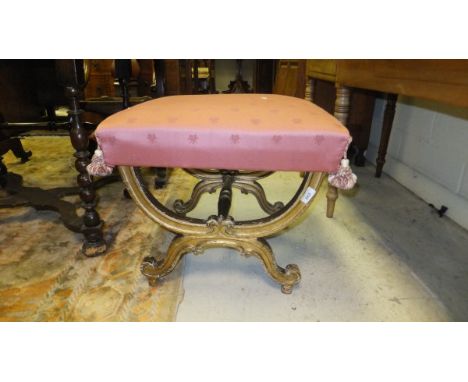 A 19th Century giltwood X-framed stool, the rectangular top upholstered in dusky pink fabric