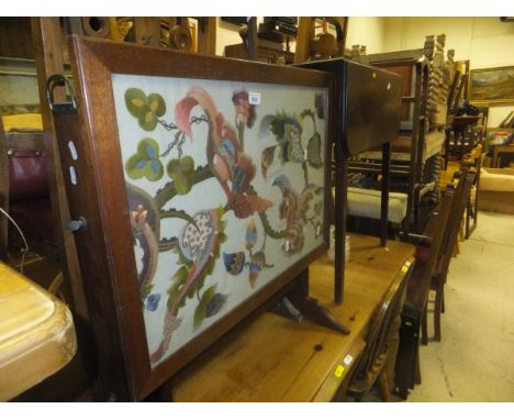 A needlework decorated firescreen/coffee table, a boot rack, single towel rail, and a 19th Century mahogany and inlaid Pembro