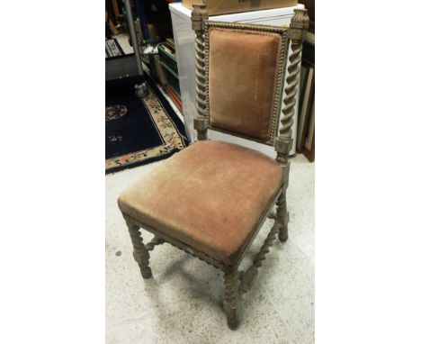 A set of 19th Century limed oak barley twist dining chairs with upholstered seats, a cane seated stool,  a 19th Century mahog