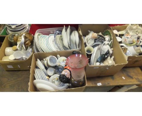 Five boxes of miscellaneous china, glass and other wares to include a Poole pottery dolphin, a collection of Swansea style cu