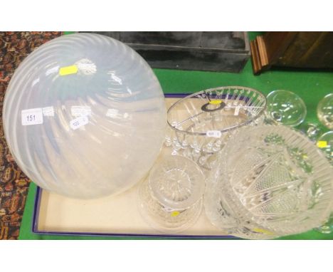 A three tier glass drop ceiling light shade, two vases and a large oil lamp shade with spiralled decoration