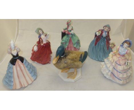 A collection of five Royal Doulton figurines - "Autumn Breezes", model HN 1934, "Lady Charmian", model HN 1948, "Kate Hardcas