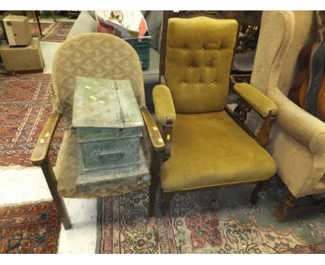 An Edwardian mahogany salon armchair, a 1930's fireside elbow chair, and a green painted iron hinged lidded tool box