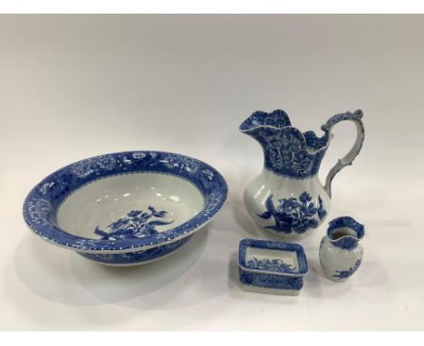 A Copeland Spode Camilla pattern blue and white wash set comprising large jug and wash basin, soap dish and toothbrush holder