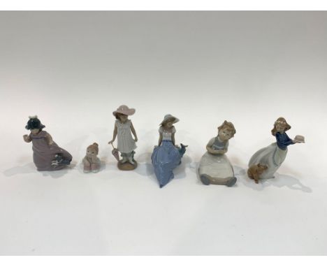 Six Nao figures including seated girl with book, 16cms high and a girl carrying a cake watched by a dog, 19cms high. Viewing/