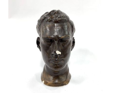 A plaster bust with bronzed finish of J. M. Vernon Esq c.1957 by Miss R L Berry, West Pennard, Glastonbury, with some damage,