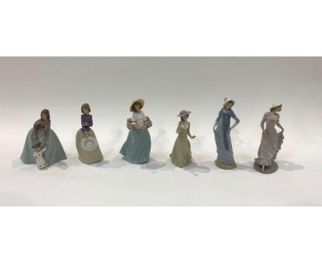 Six Nao figures of young women including one holding a song bird 27cms high and another with a small child 25.5cms high. View