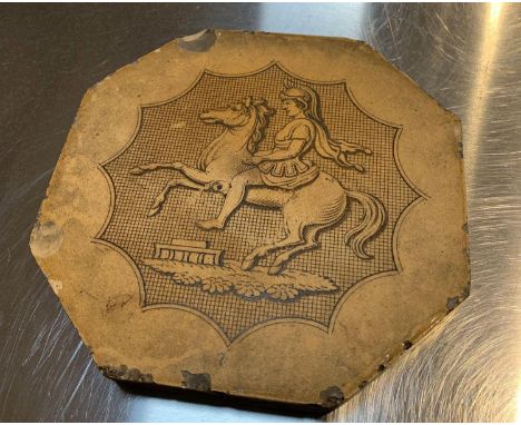 A hexagonal stone tile, decorated with a person in centurion costume sat on a rearing horse on a grid like background, in a y