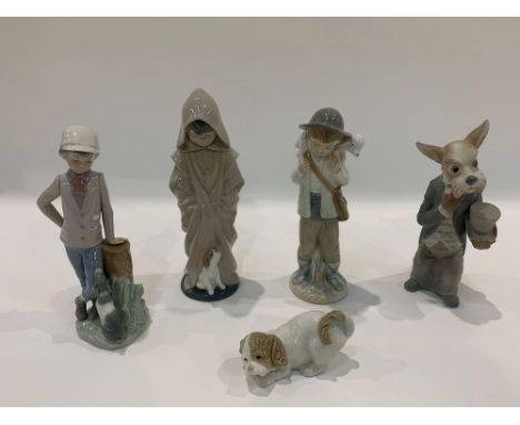 A Nao bisque figure of a dog wearing morning dress. 24cms high together with four other Nao figures including boy carrying a 